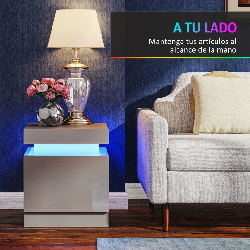 HOMCOM Mesilla de Noche con Luces LED 2 Cajones y Control de APP Mesa de Noche para Dormitorio Salón 45x35x52 cm Gris
