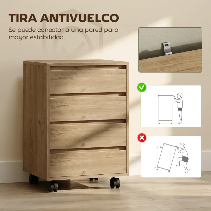 HOMCOM Cajonera de Oficina con 4 Cajones Cajonera de Escritorio con Ruedas para Estudio 46x40x65 cm Marrón