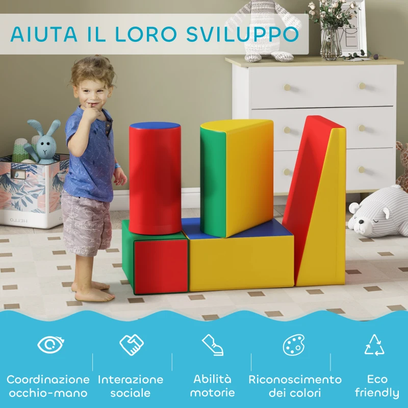 HOMCOM Set Costruzioni Morbide per Bimbi 1-3 Anni con 5 Blocchi Colorati, in Finta Pelle e Schiuma, Multicolore