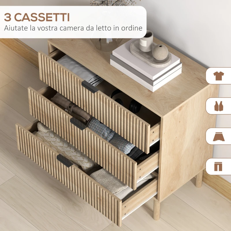 HOMCOM Cassettiera 3 Cassetti in Legno per Camera e Ingresso Stile Nordico, 80x40x77.5 cm, Rovere