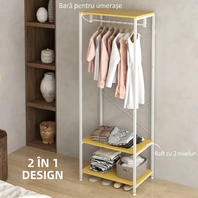 HOMCOM Cuier Mobil 2 în 1 cu Raft pe 2 Niveluri, din Oțel și PAL, 60x40x167.5 cm