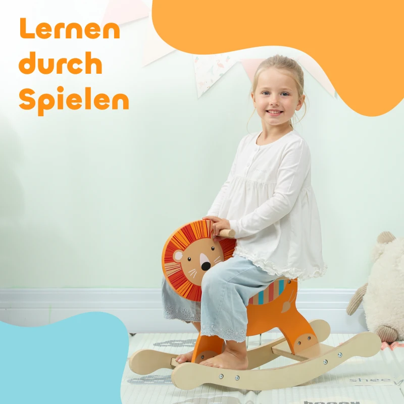 AIYAPLAY Schaukelpferd mit Löwen-Design, 25 kg Belastbarkeit, 2-5 Jahre, Holz, Orange