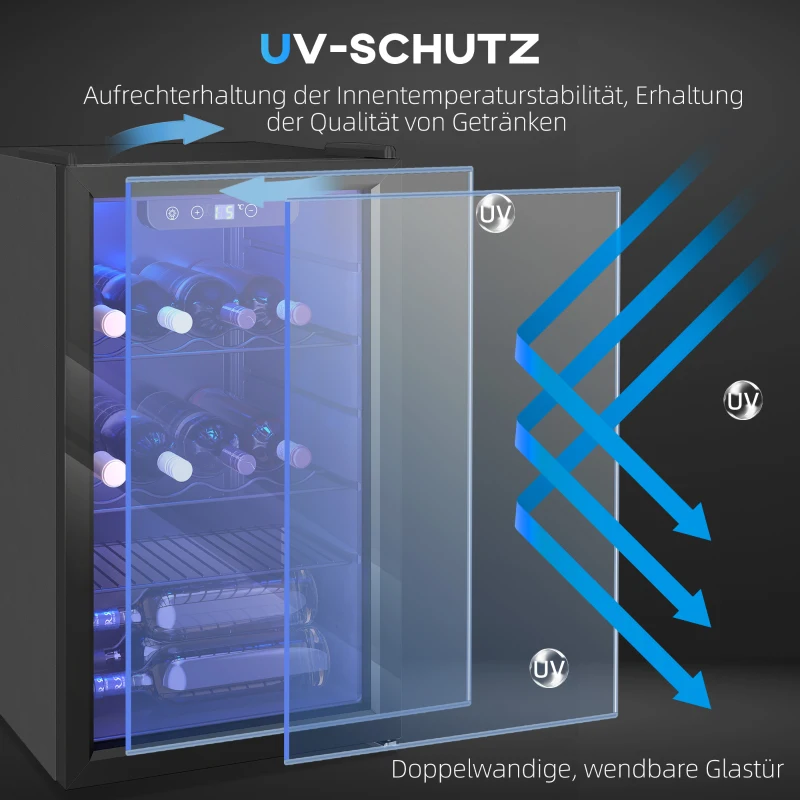 HOMCOM Weinkühlschrank 24 Flaschen, 68 Liter Kapazität, 4–16 °C Standgerät für Getränke, Bier und Wein mit Glas-Tür, Schwarz