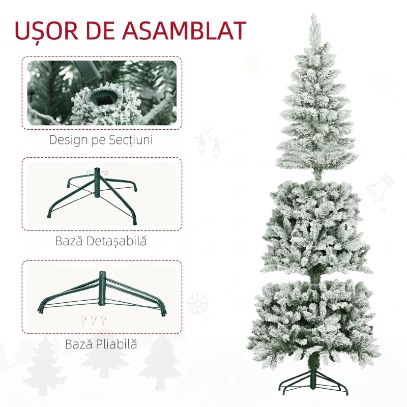 HOMCOM Brad de Crăciun 183 cm cu 479 Ramuri Înzăpezite, Design Îngust și Înalt cu Bază Rabatabilă, Verde