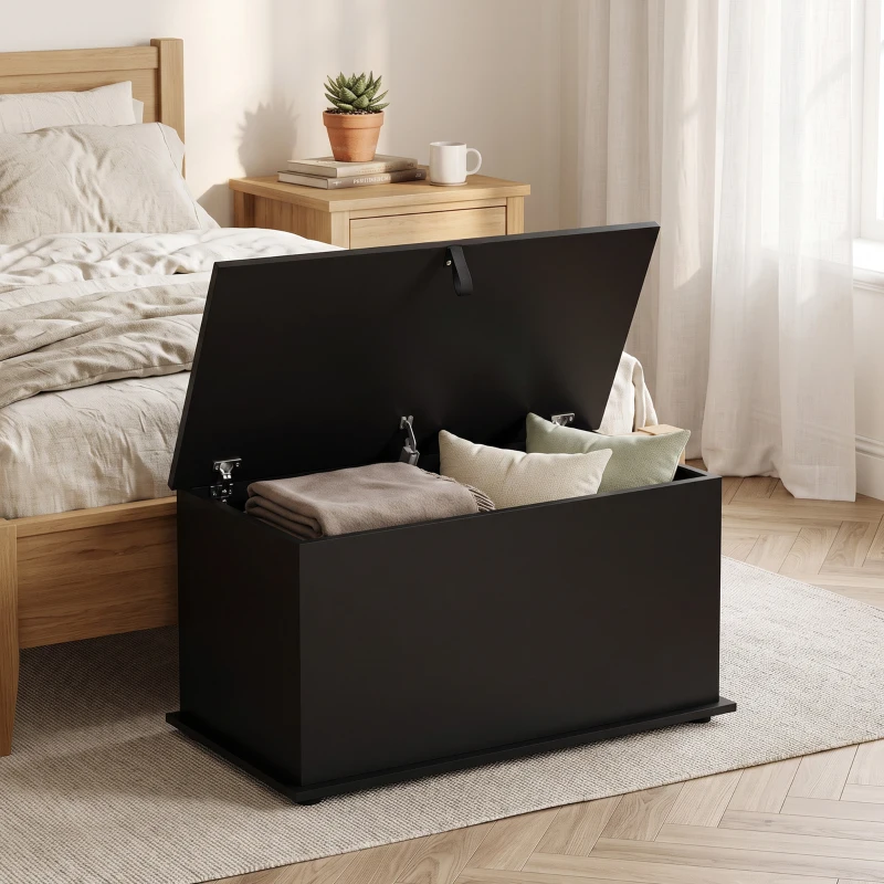 HOMCOM Baú de Arrumação 102 L com Dobradiça de Segurança Estilo Moderno para Corredor Quarto e Sala de Estar 80x40x45 cm Preto