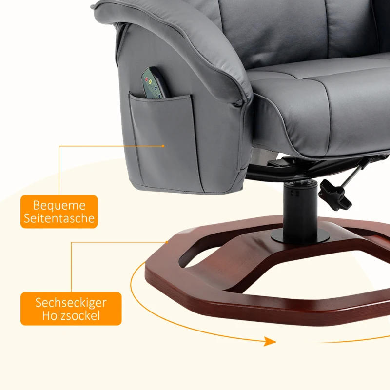 HOMCOM Massagestoel met hocker, ligfunctie, afstandsbediening, draaibaar, lederlook, tot 150 kg, donkergrijs