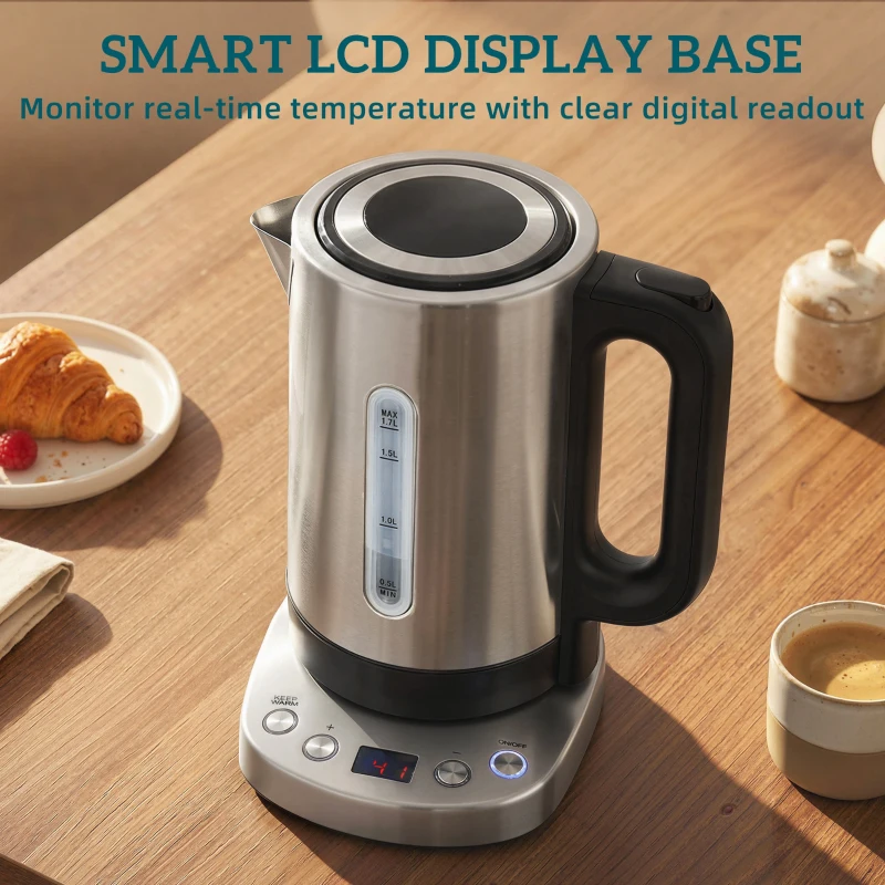 HOMCOM Electric Kettle, 1.7L, Fast Boil, 3kW Water Kettle with UK Strix Thermostat, Keep Warm Function, LCD Base, Silver Tone