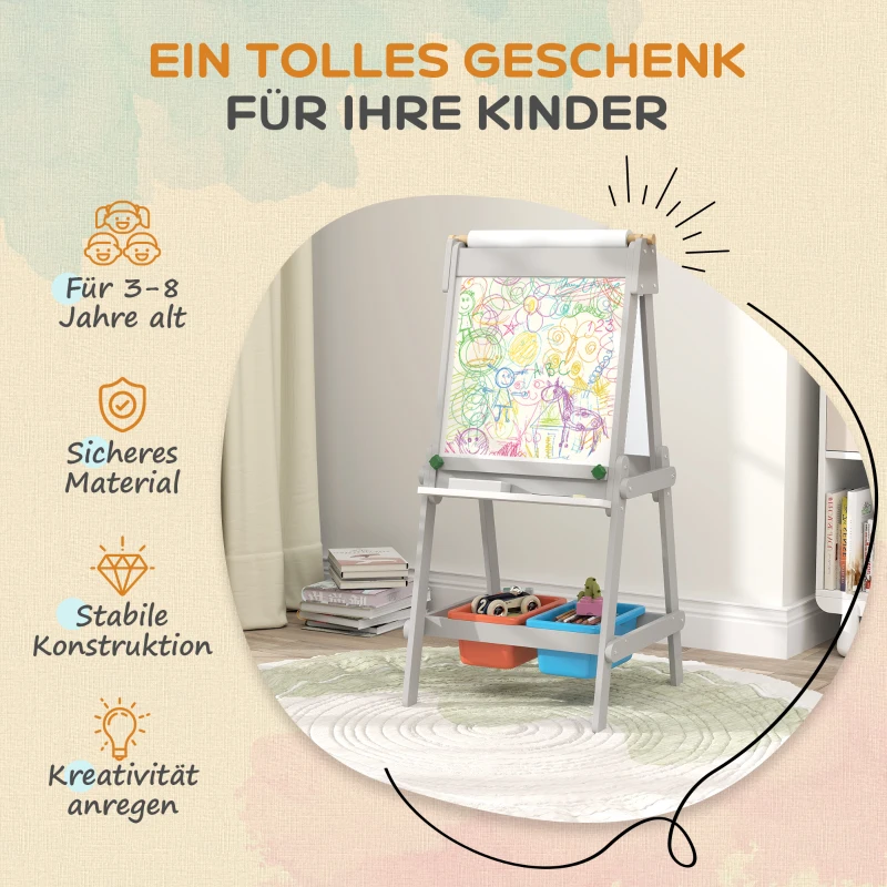 AIYAPLAY Dubbelzijdige Kinder Tekenezel met Papierrol, Krijtbord, Whiteboard, 3-in-1 Ontwerp, voor Tekenen en Schilderen