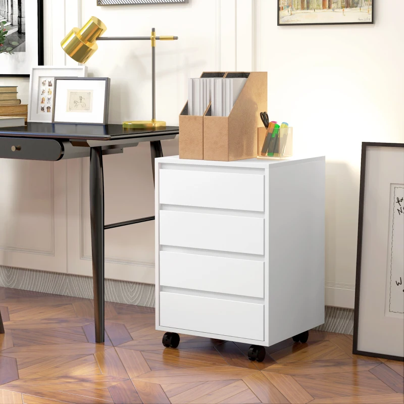 HOMCOM Bloco de Gavetas de Escritório com 4 Gavetas Bloco de Gavetas para Secretária com Rodas Arquivador Móvel 46x40x65 cm Branco