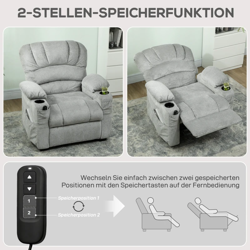 HOMCOM Relaxsessel Elektrisch Fernsehsessel mit Liegefunktion, USB, Getränkehalter, 2 Memory-Positionen für Wohnzimmer, Grau
