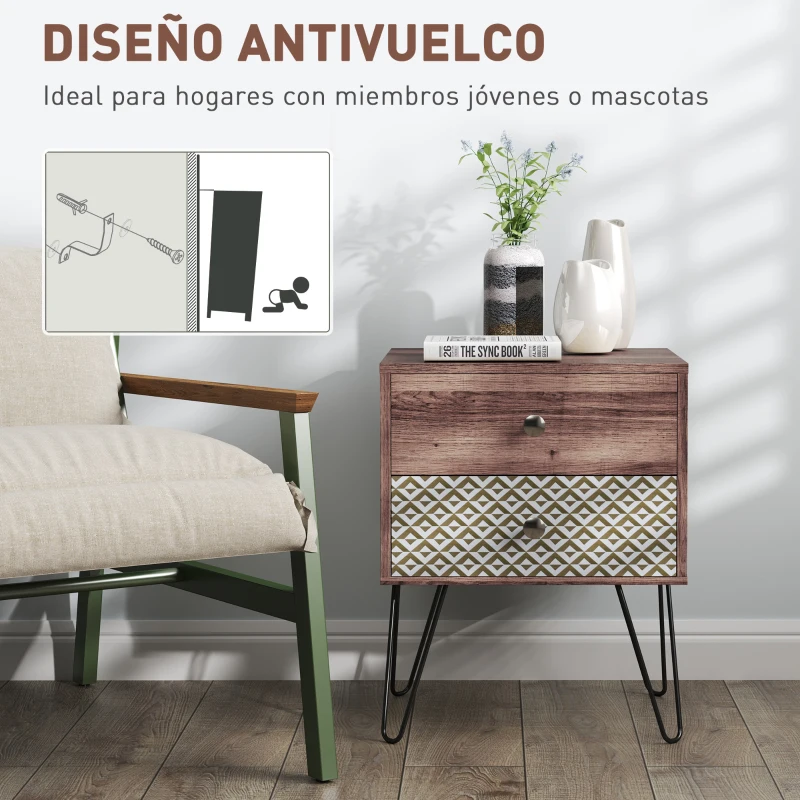 HOMCOM Mesita de Noche con 2 Cajones Patas de Acero Estilo Bohemio para Dormitorio Salón 45x39x55,5 cm Marrón