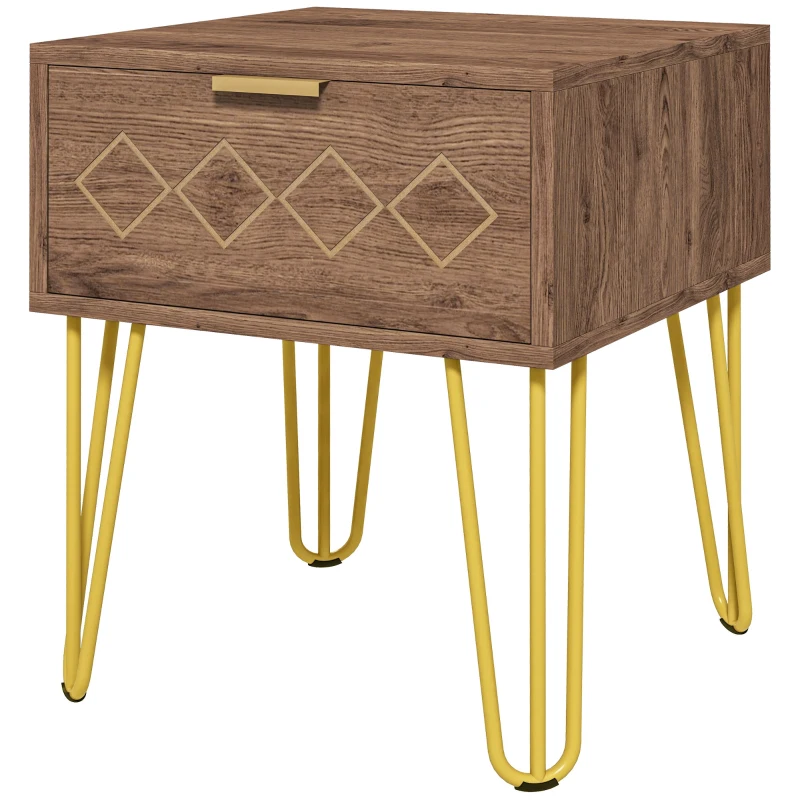 HOMCOM Noptiere Moderne Set 2 Piese din Plăci Aglomerate și Oțel cu Sertar, 39.5x41x49 cm, Maro