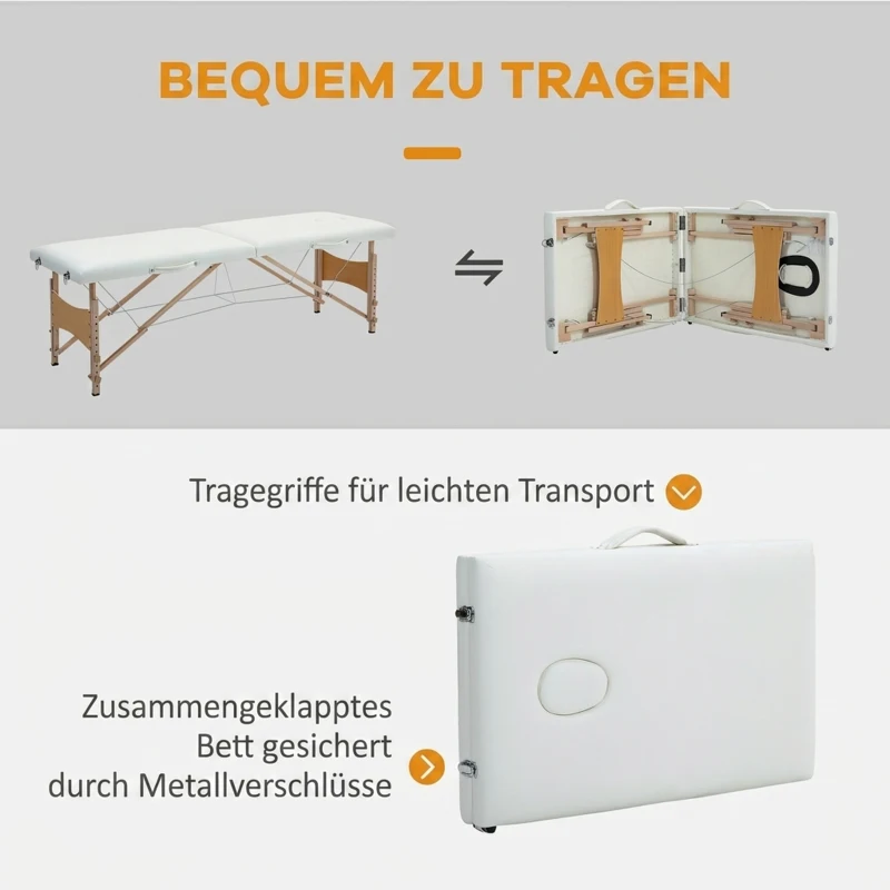HOMCOM Mobile Massageliege 2 Zonen Klappbar Höhenverstellbar Massagetisch 60 cm Breit mit Tragetasche Holzfüßen Cremeweiß