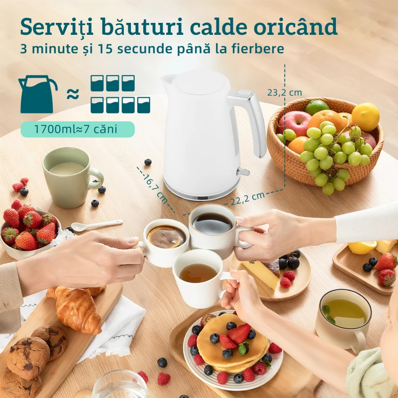 HOMCOM Set Fierbător Electric de 1.7L 2200W cu Termostat și Prăjitor de Pâine Dublu cu 7 Niveluri de Rumeneală, Alb