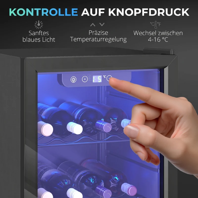HOMCOM Weinkühlschrank 24 Flaschen, 68 Liter Kapazität, 4–16 °C Standgerät für Getränke, Bier und Wein mit Glas-Tür, Schwarz