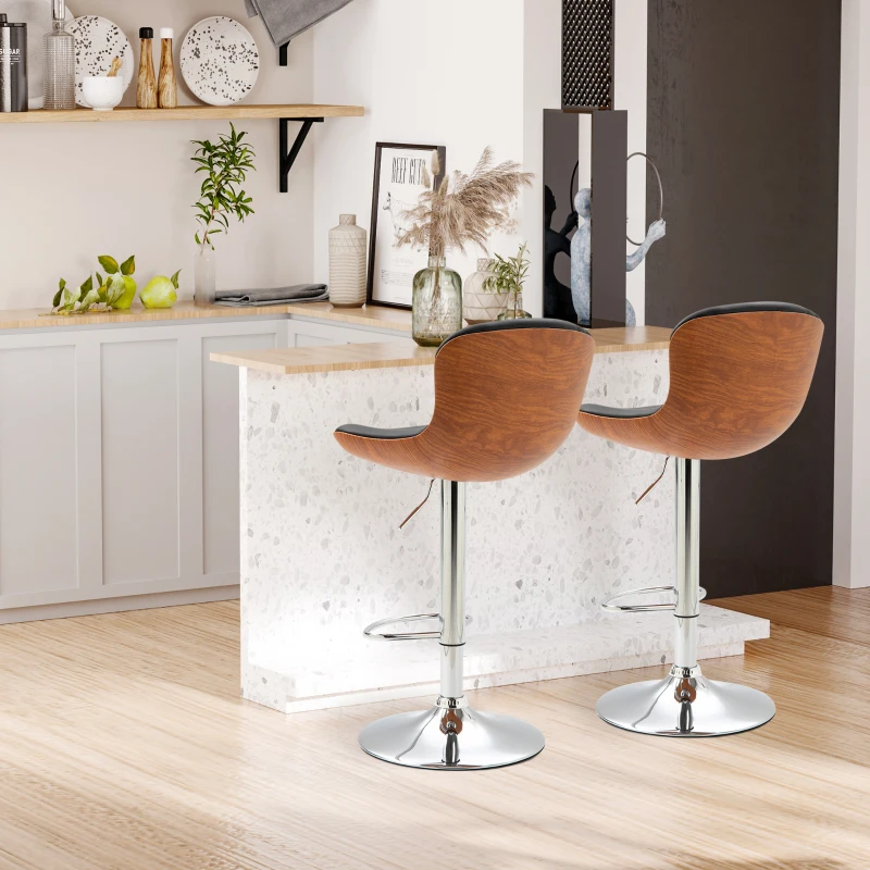 HOMCOM Lot de 2 Tabouret de Bar Design Contemporain Hauteur d'assise réglable 64-85 cm pivotant 360° revêtement synthétique Noir Imitation Bois