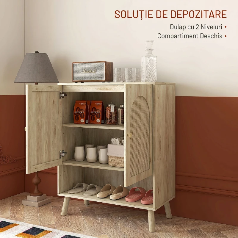 HOMCOM Dulap Multifuncțional în Stil Boho cu Uși din Ratan și Raft Deschis, 80x38x100cm, Stejar