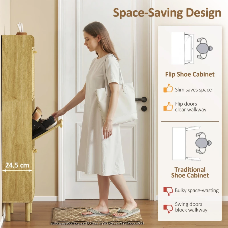 HOMCOM Meuble à chaussures 18 paires, armoire à chaussures étroite avec 3 tiroirs rabattables, étagères réglables, chêne