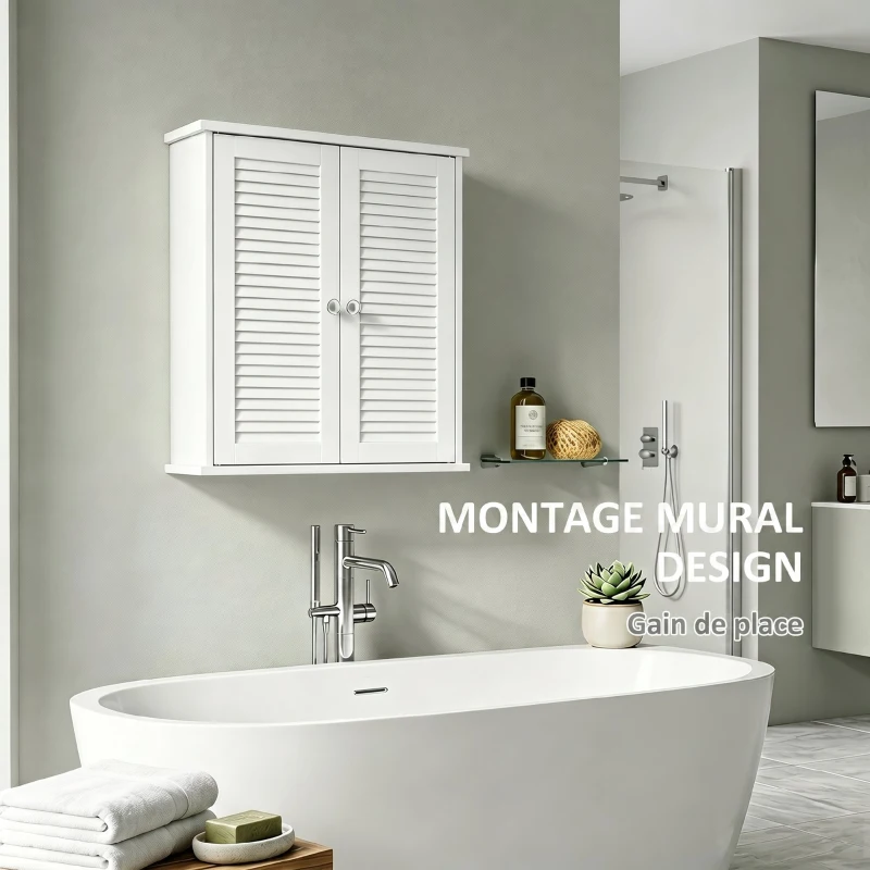 HOMCOM Armoire murale de salle de bain, meuble de rangement suspendu avec 2 portes persiennes et étagère réglable, blanc