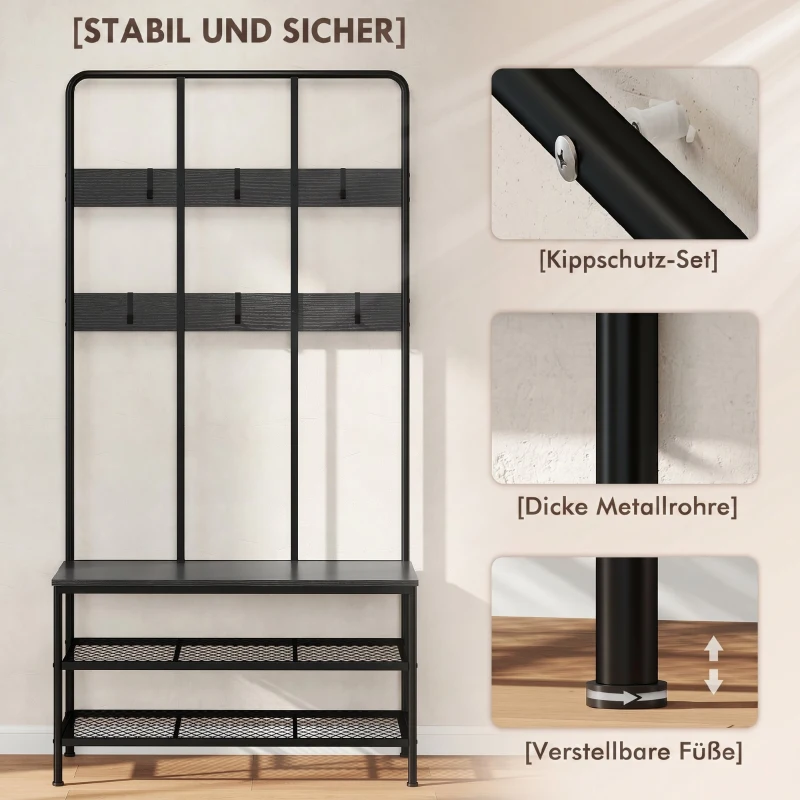 HOMCOM Cuier de Intrare 3 în 1 cu 6 Cârlige și Bancă cu Raft pentru Pantofi, 91x36x180 cm, Negru