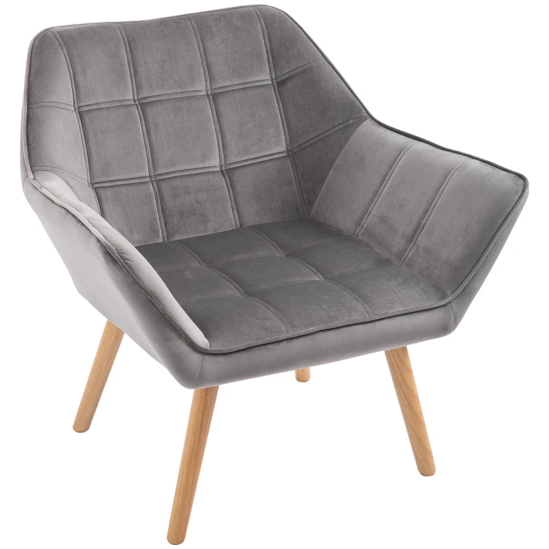 HOMCOM Poltroncina Stile Nordico in Legno ed Effetto Velluto Grigio per Soggiorno o Ufficio, 67x61.5x71 cm