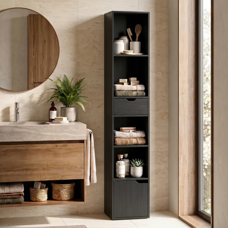 HOMCOM 6-Fach Bücherregal mit Schublade und verstellbarem Fach, freistehender Aufbewahrungsschrank, 30 x 24 x 158 cm, Schwarz