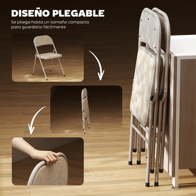 HOMCOM Juego de 2 Sillas Plegables Tapizadas en Lino Sintético con Respaldo y Estructura de Acero para Salón 45x46x78 cm Beige