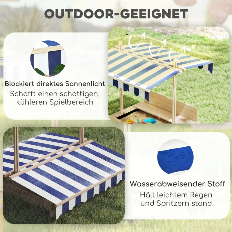 Outsunny Sandkasten 106x106 cm Kinder Sandbox aus Holz mit höhenverstellbar Abdeckung Sitzbänken Rücklehnen Blau