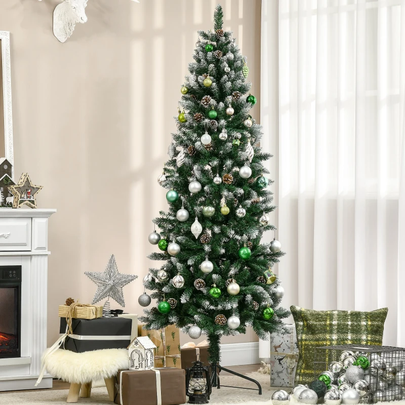 HOMCOM Árvore de Natal Artificial Nevada 180 cm com 508 Ramos 49 Pinhas Base Dobrável e Suporte de Aço Ø73x180 cm Verde e Branco