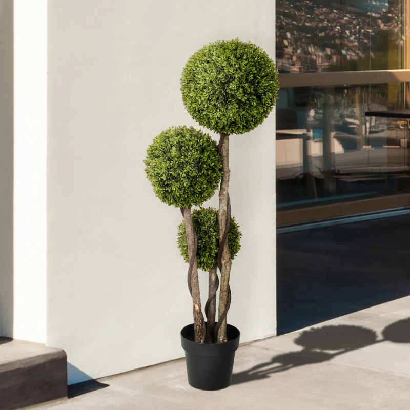 HOMCOM Pianta di Bosso Artificiale a 3 Sfere con Vaso Incluso e Fondo Rinforzato, Altezza 115 cm