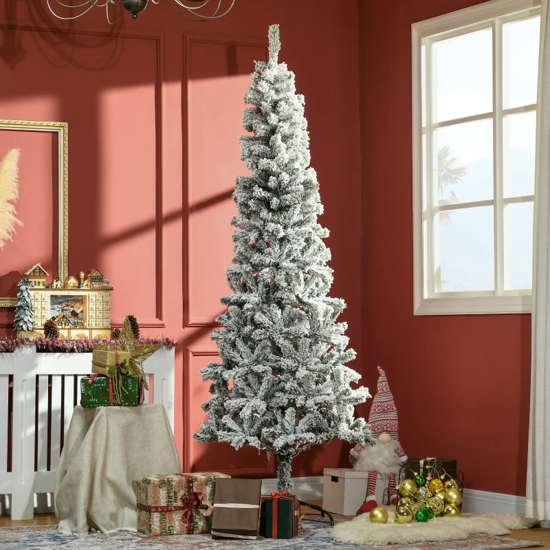 HOMCOM Albero di Natale Slim Artificiale 210 cm con Rami Realistici, Albero di Natale Innevato Alto e Stretto con Base Pieghevole, Verde
