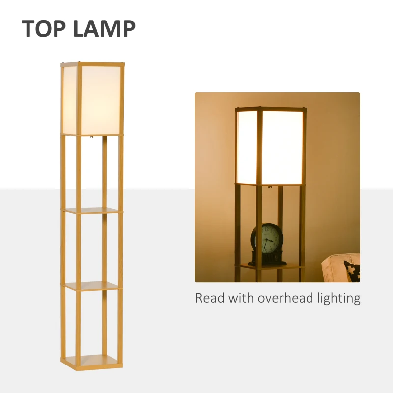 HOMCOM 3-Tier Floor Lamp with Shelves and Storage, Modern Corner Standing Lamp with Lampshade, Foot Switch for Living Room, Bedroom, Home Office, Bulb not Included, Natural