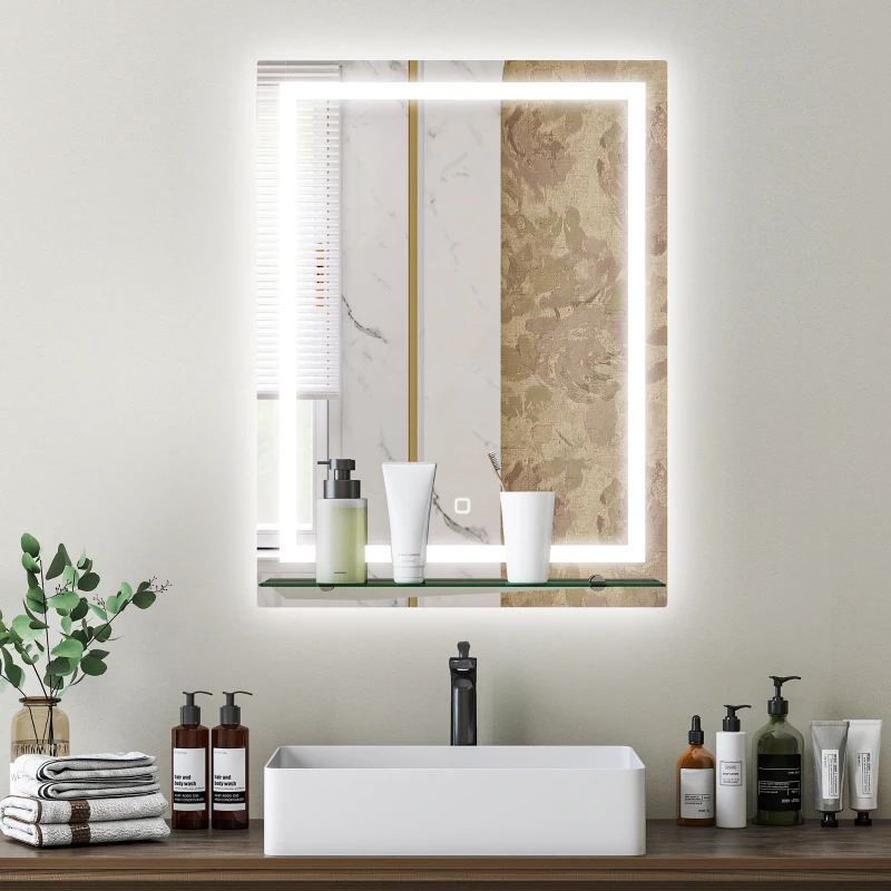 kleankin Espelho de Casa de Banho com Luzes LED 60x80 cm 3 Cores de Luz Brilho Ajustável Prateleira de Vidro Função de Memória Prata