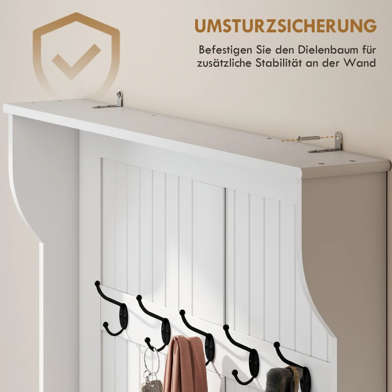 HOMCOM Garderobe mit Sitzbank, 5 Kleiderhaken, 1 Stauraum, Wandgarderobe, Weiß + Schwarz