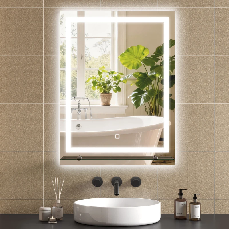 kleankin Espelho de Casa de Banho com Luzes LED 60x80 cm 3 Cores de Luz Brilho Ajustável Prateleira de Vidro Função de Memória Prata