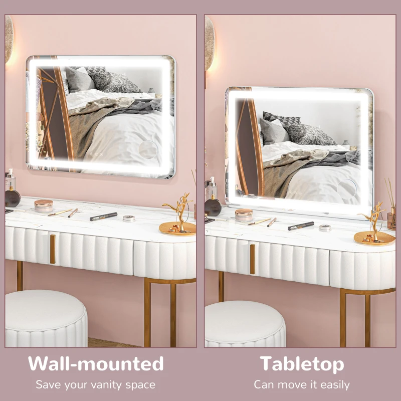 HOMCOM Miroir Lumineux LED intensité 3 modes d'éclairage, grossissement 10X,  port de charge USB, touche tactile - 80 x 62 cm