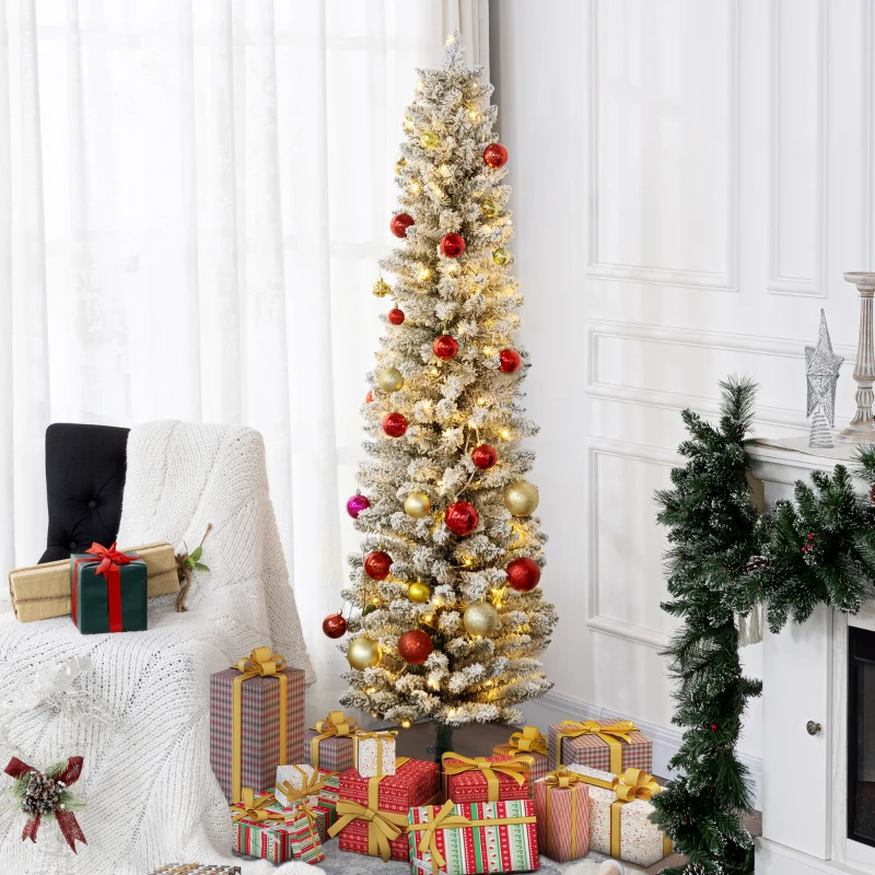 HOMCOM Árbol de Navidad Artificial Nevado 180 cm con 150 Luces LED 329 Ramas y Patas de Metal para Salón Verde y Blanco