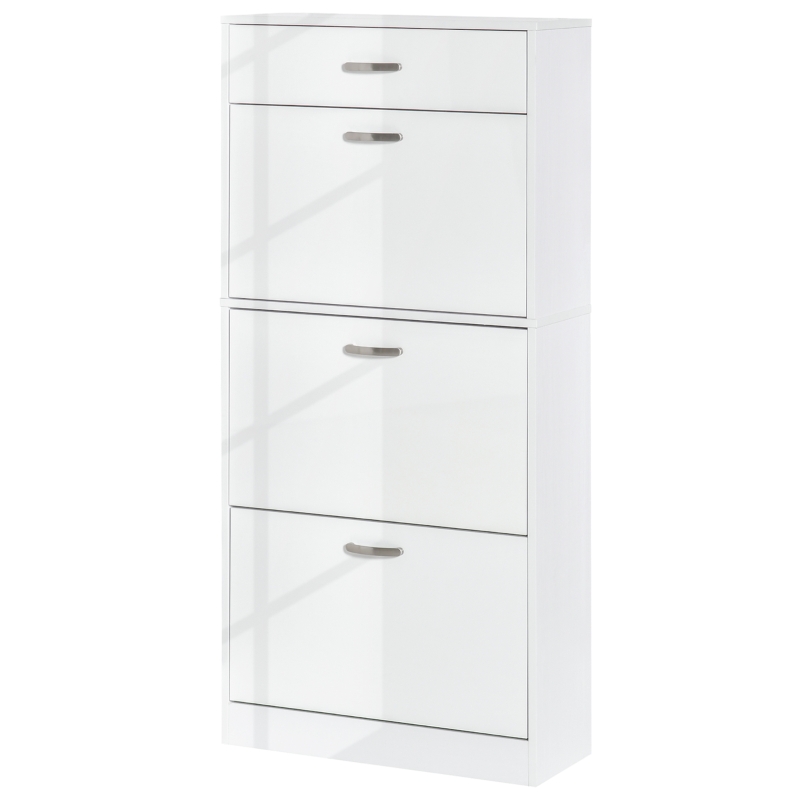 HOMCOM Shoe Cabinet with 3 Flip Drawers, High Gloss Shoe Storage Cabinet with Top Drawer and Adjustable Shelves, Shoe Cupboard for 18 Pairs, White