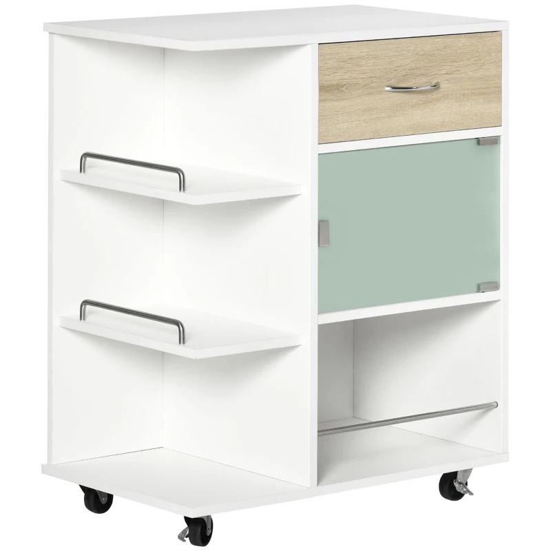 HOMCOM Carrito de Cocina Verdulero con 1 Cajón Puerta de Vidrio y Estantes Carro Auxiliar con Ruedas 65x39x80 cm Natural