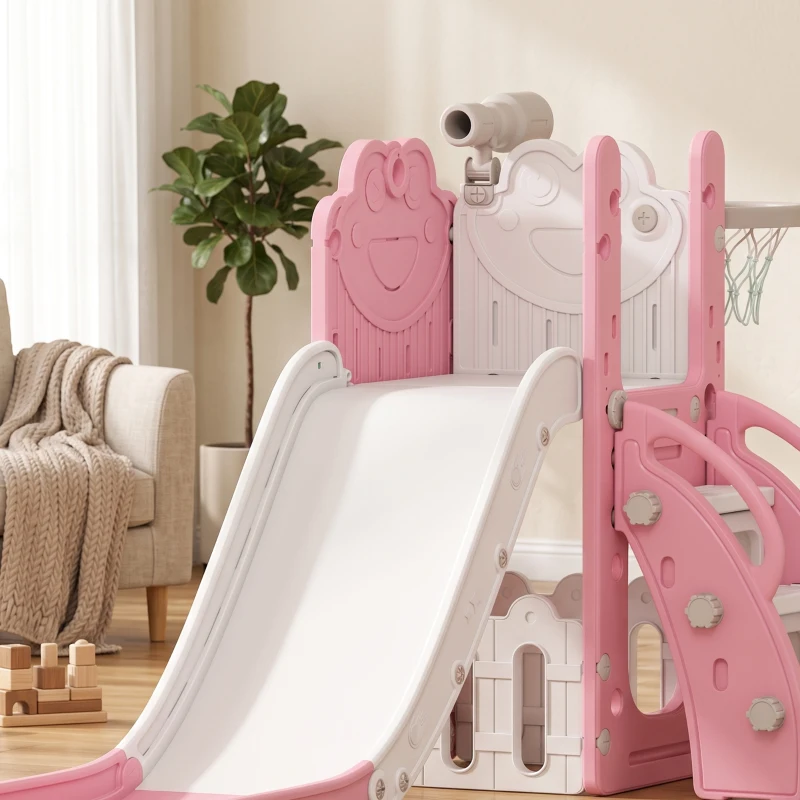 AIYAPLAY 5-in-1 Kinderrutschenset, Teleskop, Basketballkorb, HDPE, Kunststoff, Rosa+Weiß
