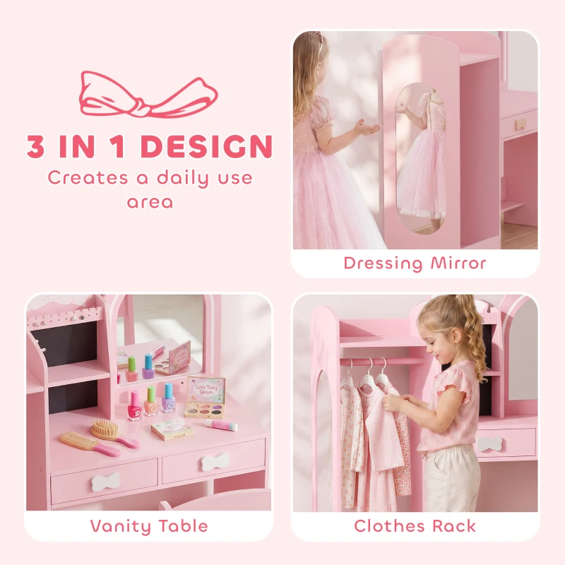 AIYAPLAY Kids Dressing Table, 3-in-1 Girls Vanity Set with Stool, 2-Colour Lights Mirror, Clothes Rack for Ages 3-8, Pink