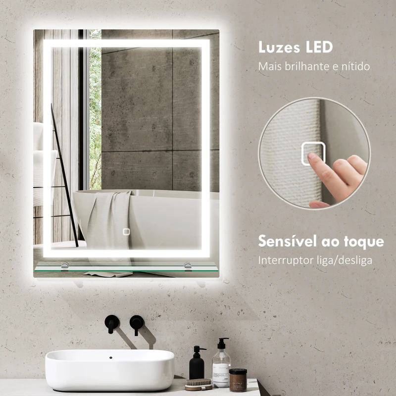 kleankin Espelho de Casa de Banho com Luzes LED 60x80 cm 3 Cores de Luz Brilho Ajustável Prateleira de Vidro Função de Memória Prata