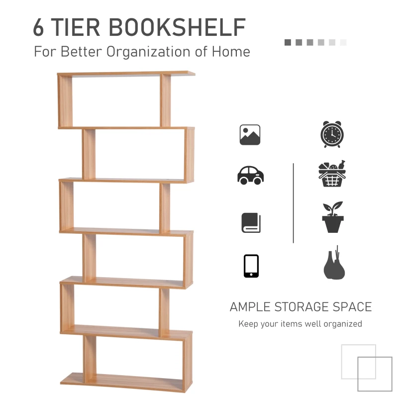 HOMCOM Bookcase, 6 Tier Shelf S Shaped Bookshelf, Storage Unit, Display Shelf for Living Room, Bedroom, Home Office, Plant, Maple