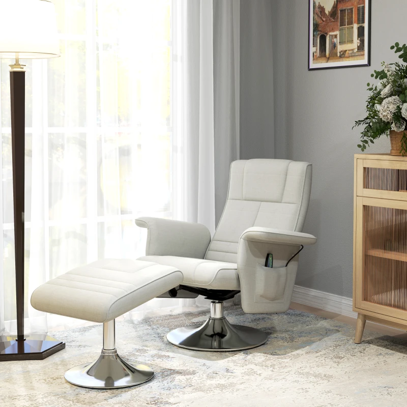 HOMCOM Fauteuil relax massant avec pouf, fauteuil TV avec dossier inclinable siège pivotant à 360° 78 x 95 x 88 cm crème