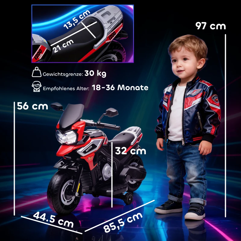 AIYAPLAY Elektrische motor voor kinderen van 18-36 maanden, zitvoertuig, stabilisatoren, lichten, muziek, kunststof, staal, rood
