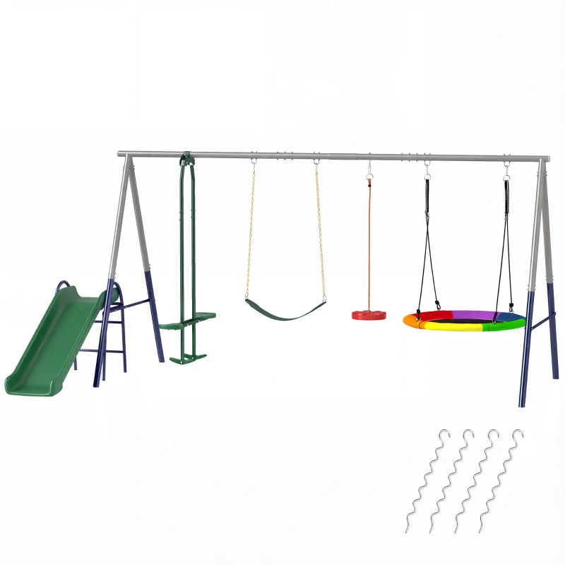 AIYAPLAY 5 in 1 Schaukelgestell mit Rutsche höhenverstellbar Schaukelgerüst mit Nestschaukel 382x196 x203 cm Mehrfarbig