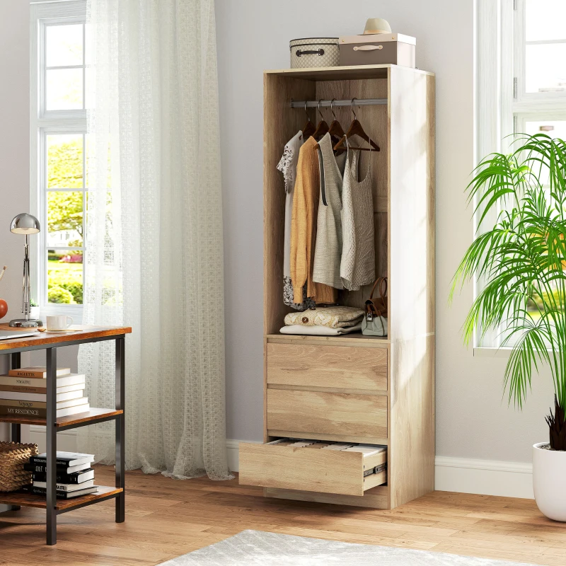 HOMCOM Armadio Guardaroba con Asta Appendiabiti, Ripiano Aperto e 3 Cassetti, in Legno, 60x48.5x185 cm, color Teak