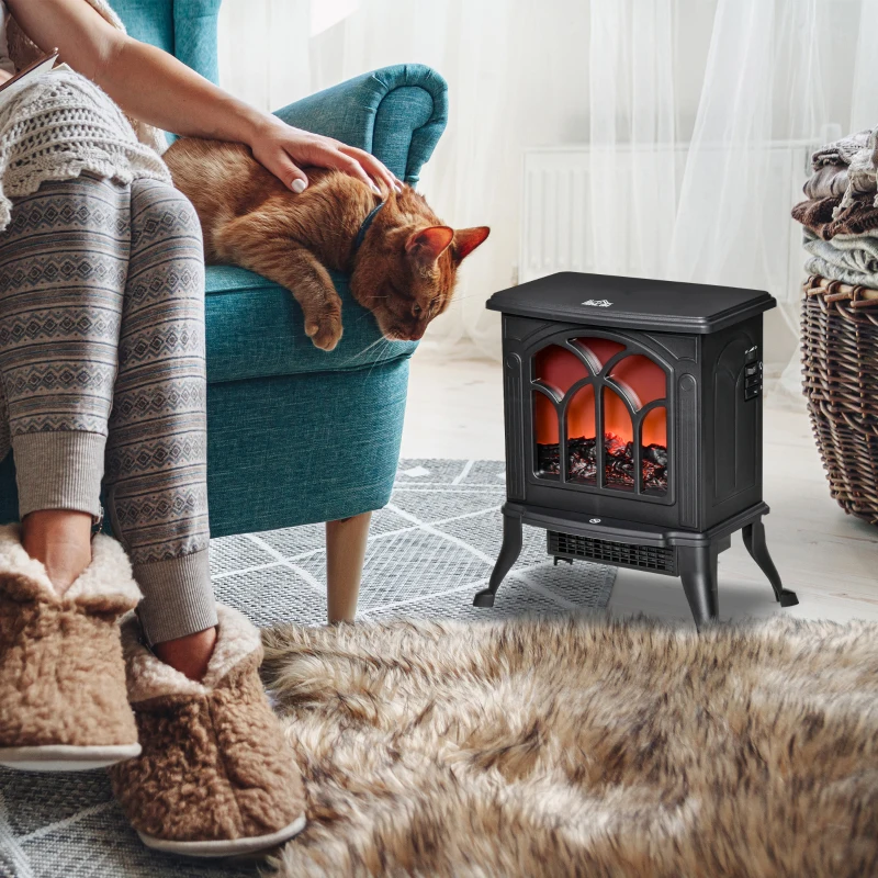 HOMCOM Chimenea Eléctrica de Pie 750/1500 W con 2 Niveles de Potencia Efecto Llama Área de Cobertura 15-20 m² Negro