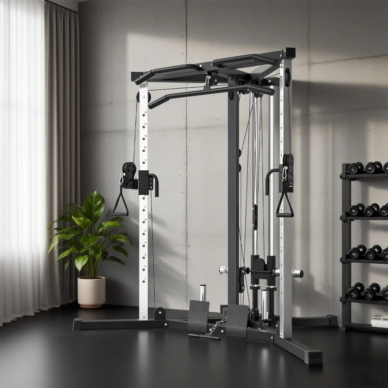 SPORTNOW Kraftstation Fitnessstation mit Latzug, Klimmzugstange Curl-/Ruderstange Griffe, 15-fach verstellbar