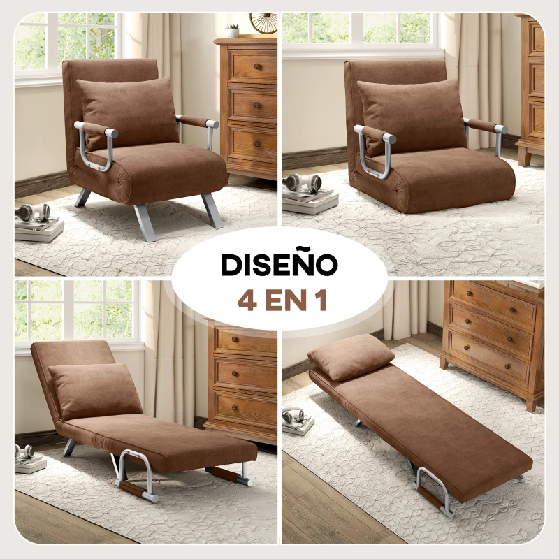HOMCOM Sillón Cama Individual 2 en 1 Sofá Cama Plegable con Respaldo Ajustable y Cojín para Sala Dormitorio 65x69x80 cm Marrón